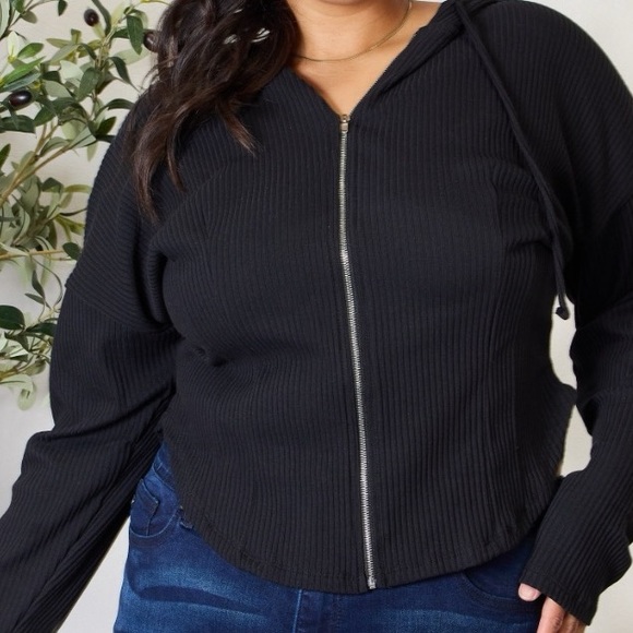 Culture Code Full Size Ribbed Zip Up Drawstring Hooded Jacket - Picture 11 of 12